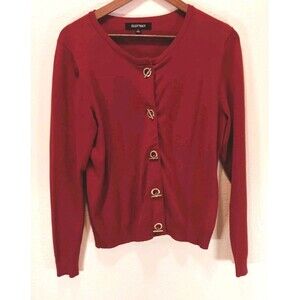 Ellen Tracy Women's Deep Rose Cardigan Sweater Large Gold Toggle Latch Closure L